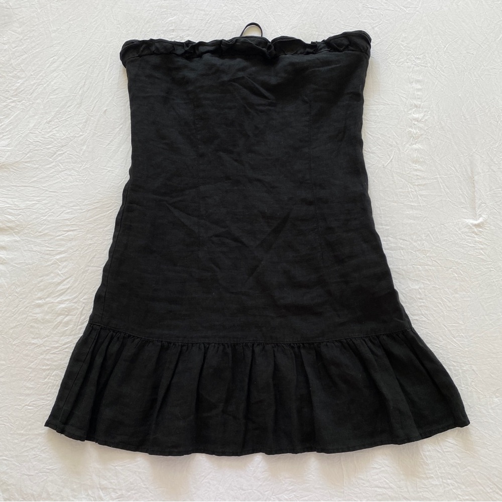 VTG Juicy Couture Black Linen Strapless Mini Dress Ruffle Hem Y2K Small